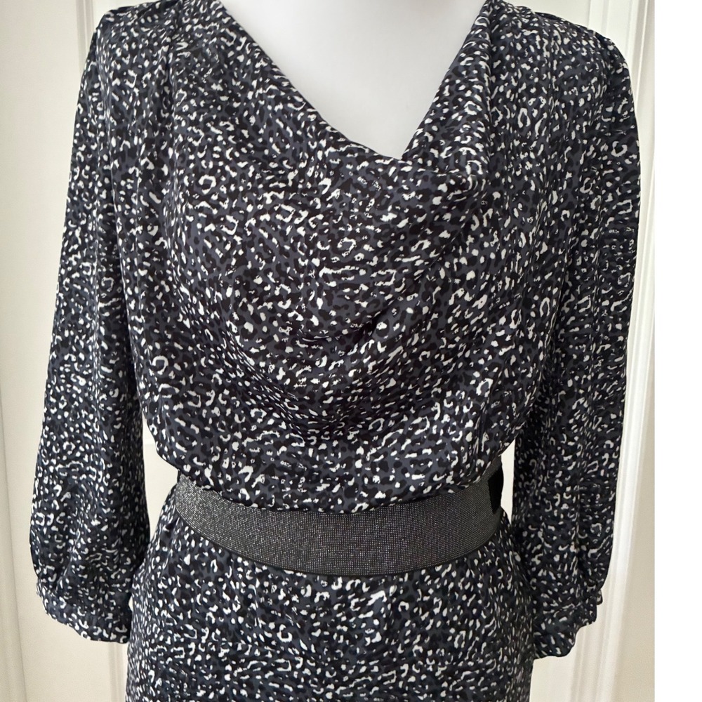Mob Wife Leopard Print Cowl Neck Sheath Dress 90's Jeweled Belt Black Print S - Picture 2 of 11